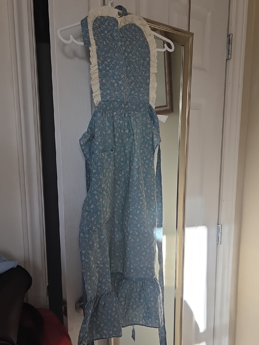 Blue Floral Ruffled Apron with Cream Trim